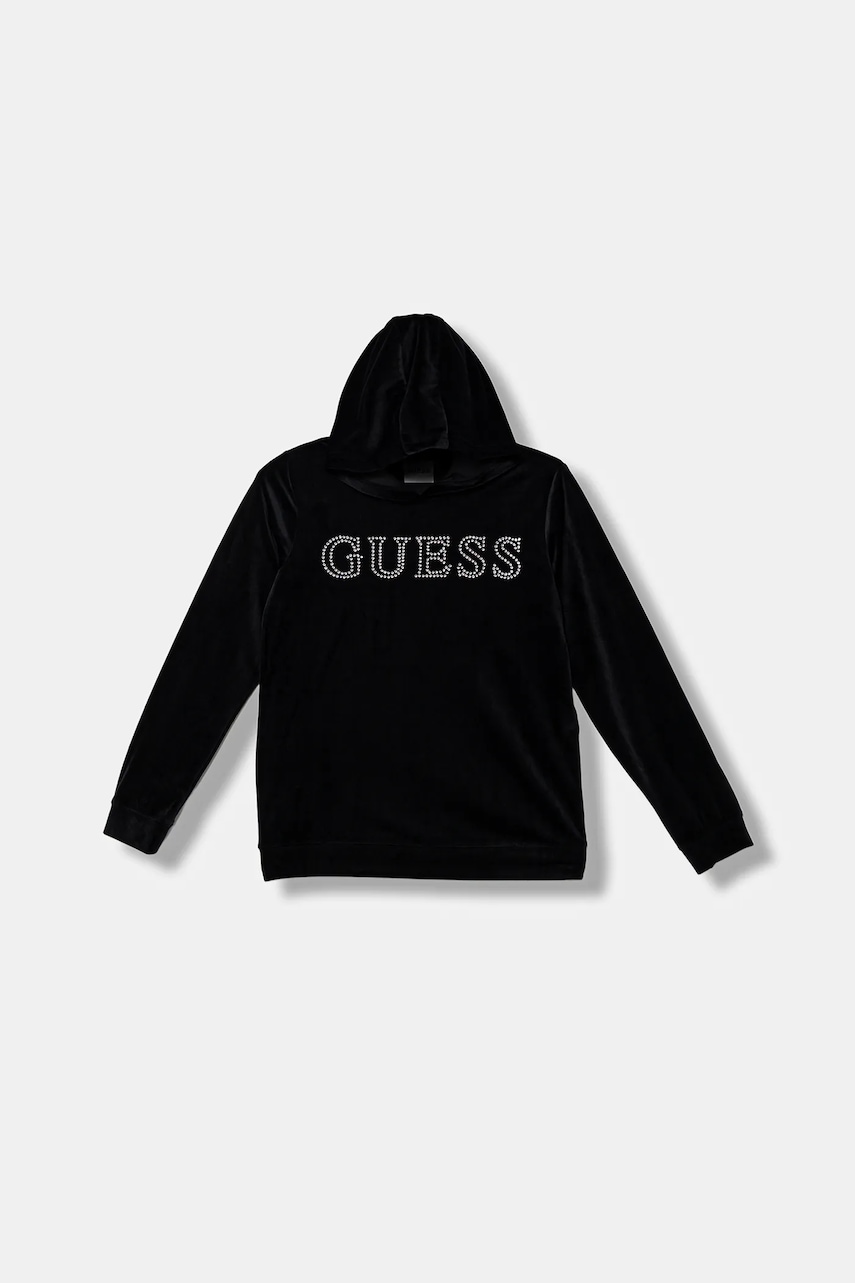 Levně Dětská mikina Guess černá barva, s kapucí, s aplikací, J4YQ27 K0232