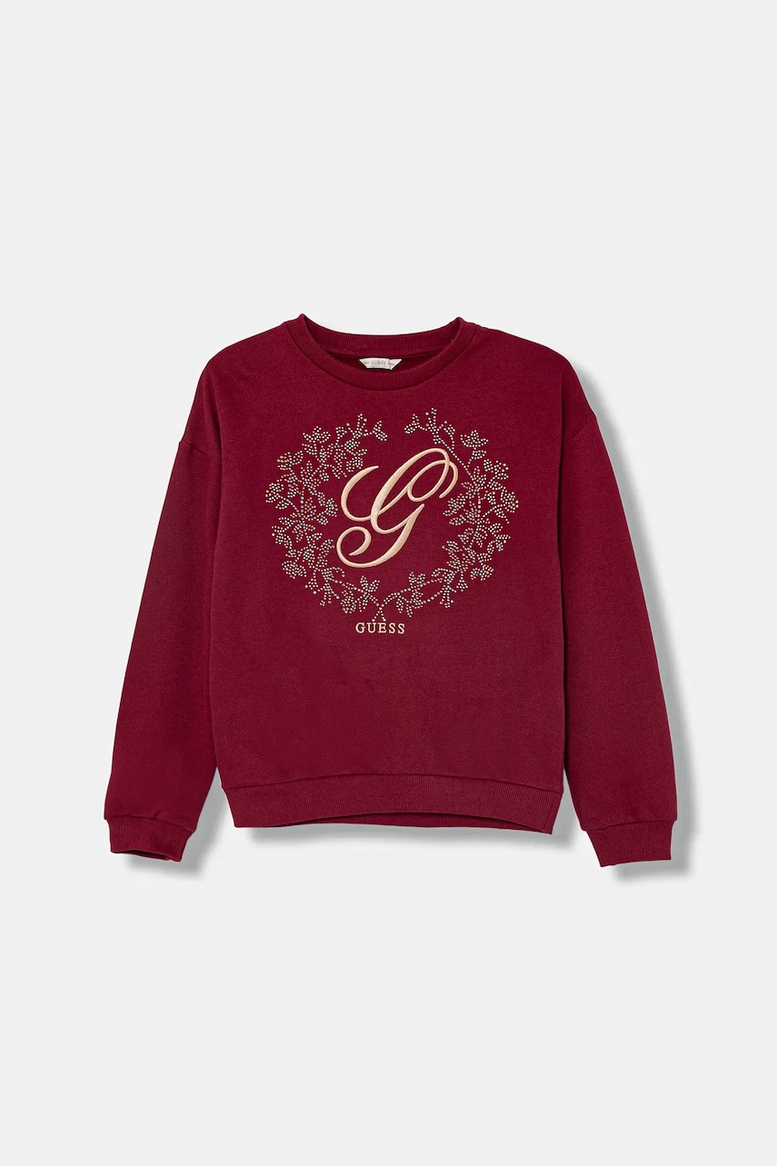 

Детски памучен суичър Guess в бордо с принт J5BQ00 KAV34