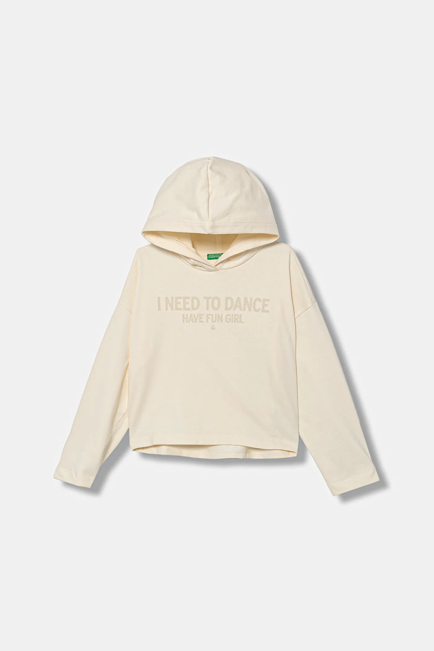 Levně Dětská bavlněná mikina United Colors of Benetton béžová barva, s kapucí, s potiskem, 3NBMC2053