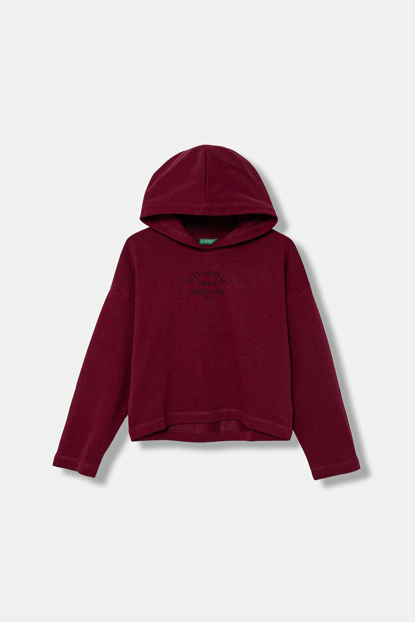 United Colors of Benetton hanorac de bumbac pentru copii culoarea bordo, cu glugă, cu imprimeu, 3NBMC2053