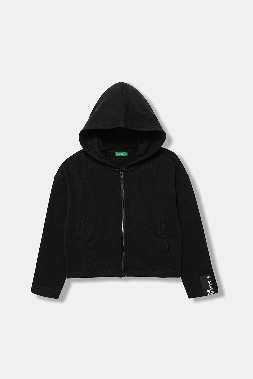 Levně Dětská bavlněná mikina United Colors of Benetton černá barva, s kapucí, hladká, 3NBMC505E