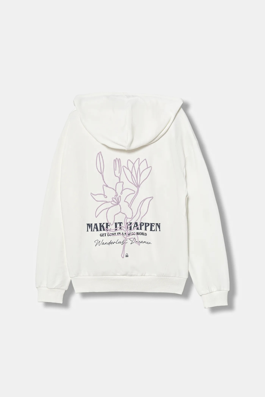 United Colors of Benetton bluză copii culoarea alb, cu glugă, cu imprimeu, 32N4C505I United Colors of Benetton bluză copii culoarea alb, cu glugă, cu imprimeu, 32N4C505I