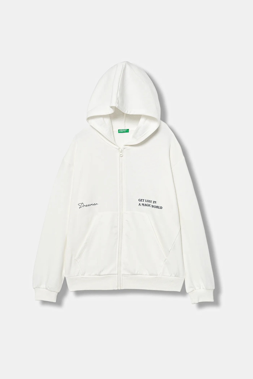 Детская кофта United Colors of Benetton цвет белый с капюшоном с принтом 32N4C505I Детская кофта United Colors of Benetton цвет белый с капюшоном с принтом 32N4C505I
