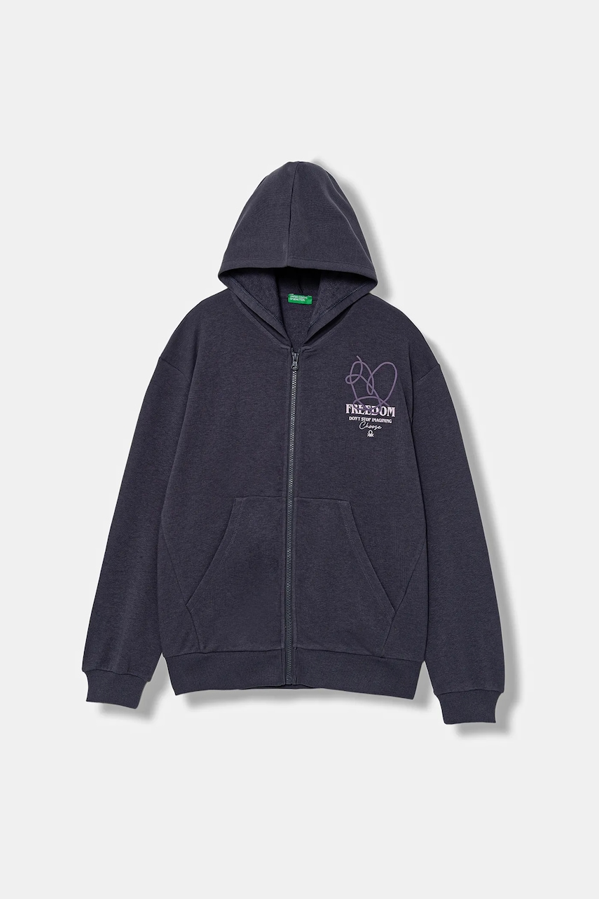 Levně Dětská mikina United Colors of Benetton tmavomodrá barva, s kapucí, s potiskem, 32N4C505I