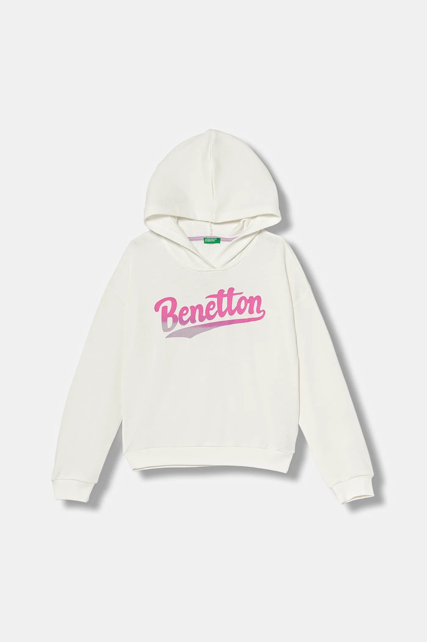 United Colors of Benetton hanorac de bumbac pentru copii culoarea alb, cu glugă, cu imprimeu, 3J68C204W