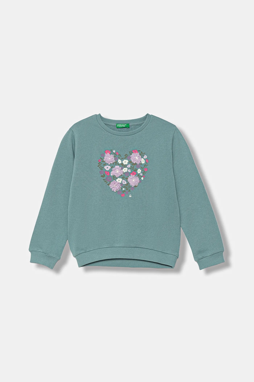 Levně Dětská bavlněná mikina United Colors of Benetton tyrkysová barva, s potiskem, 3J68G10K3
