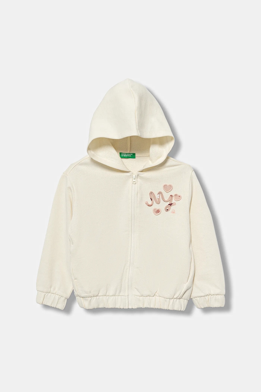 United Colors of Benetton hanorac de bumbac pentru copii culoarea bej, cu glugă, cu imprimeu, 3J68G503W
