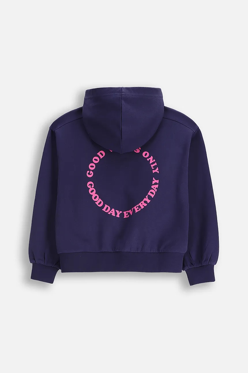 Детская хлопковая кофта Coccodrillo цвет синий с капюшоном с принтом EVERYDAY GIRL A Детская хлопковая кофта Coccodrillo цвет синий с капюшоном с принтом EVERYDAY GIRL A