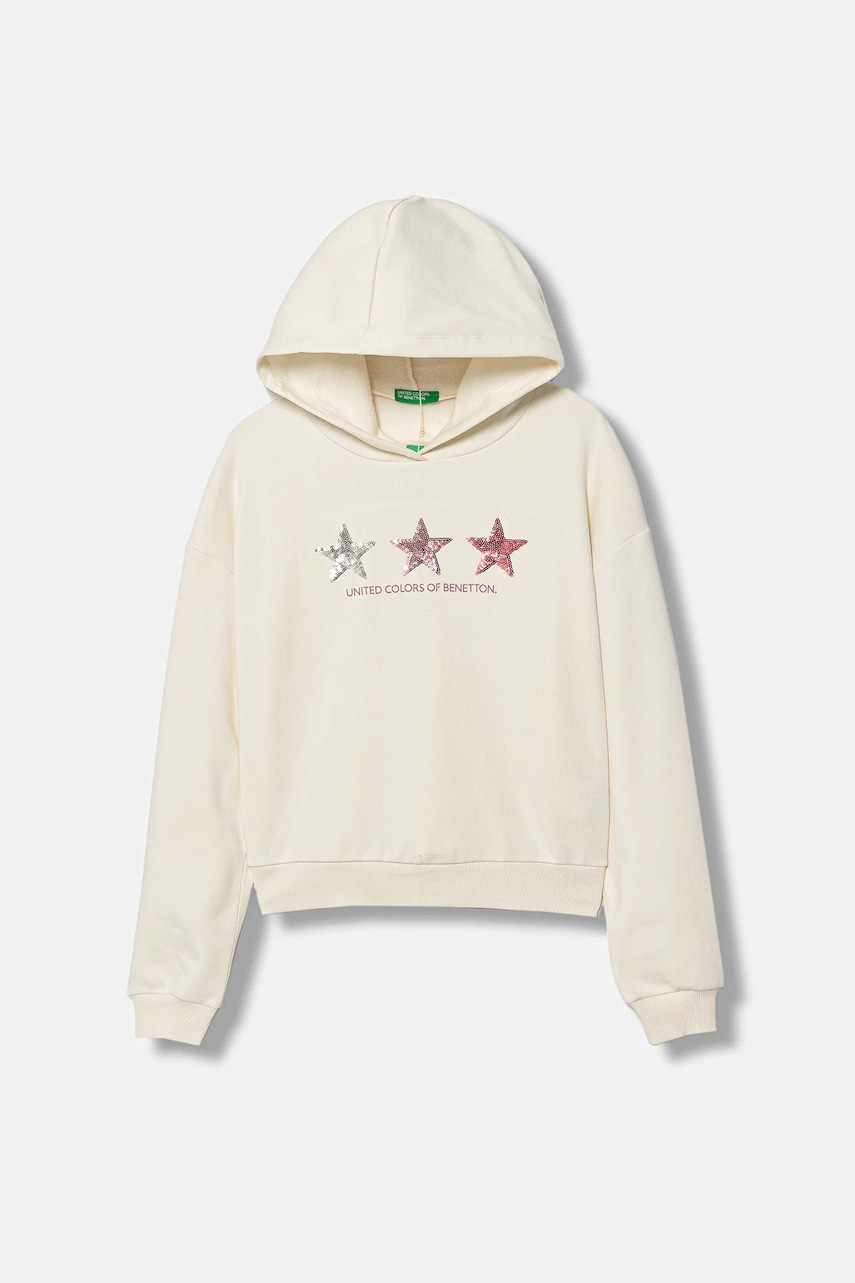 United Colors of Benetton bluză copii culoarea bej, cu glugă, cu imprimeu, 39M2C205E