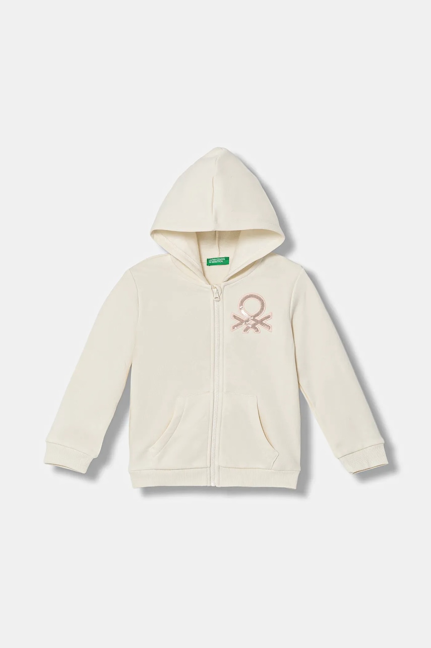 United Colors of Benetton bluză copii culoarea bej, cu glugă, cu imprimeu, 39M2G5045