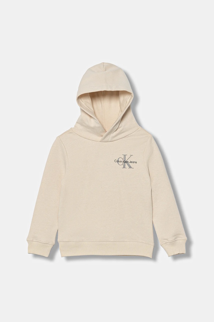 

Детски памучен суичър Calvin Klein Jeans в бежово с качулка с принт IU0IU00266, Бежов
