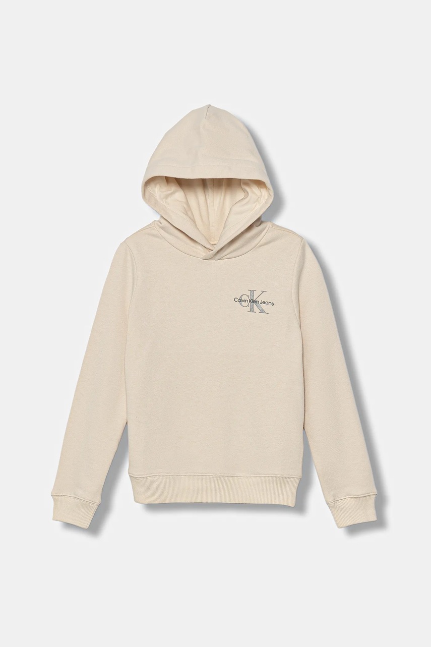 Levně Dětská bavlněná mikina Calvin Klein Jeans béžová barva, s kapucí, s potiskem, IU0IU00266