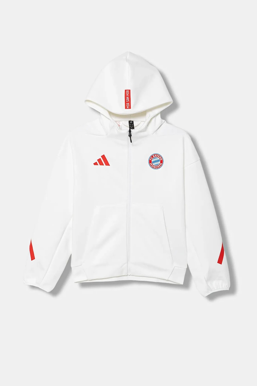 adidas Performance bluză copii FC Bayern Munich culoarea alb, cu glugă, cu imprimeu, JM9437