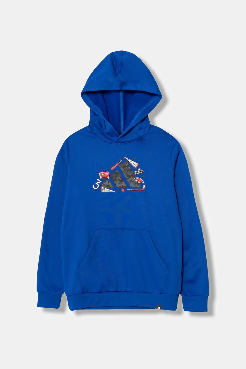 Levně Dětská mikina adidas modrá barva, s kapucí, s potiskem, JV5130