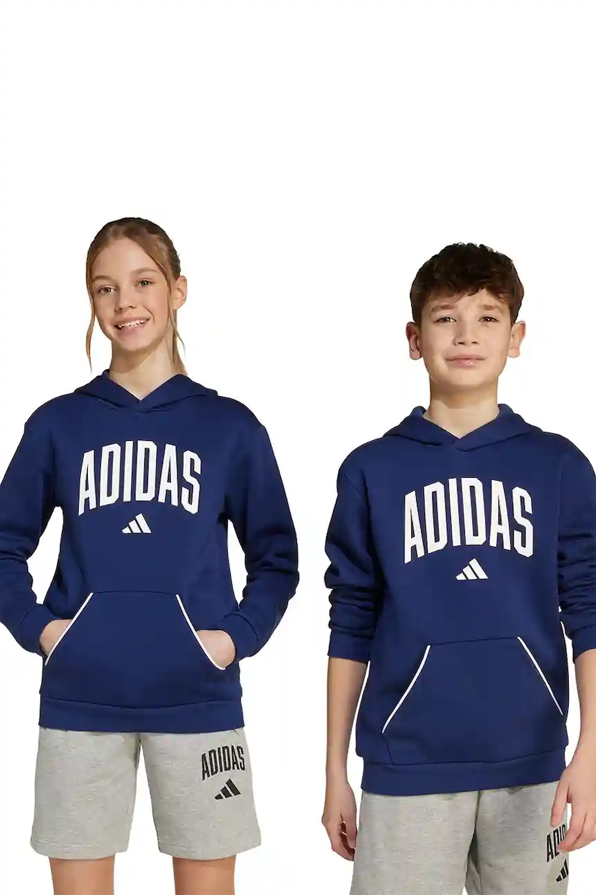 adidas bluză copii culoarea bleumarin, cu glugă, cu imprimeu, JV7338