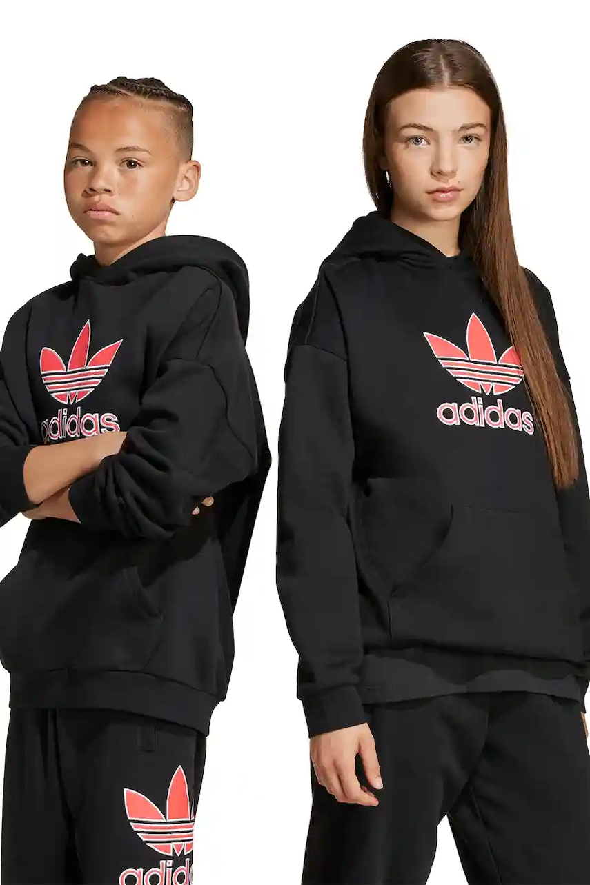 adidas Originals bluză copii culoarea negru, cu glugă, cu imprimeu, JV8650