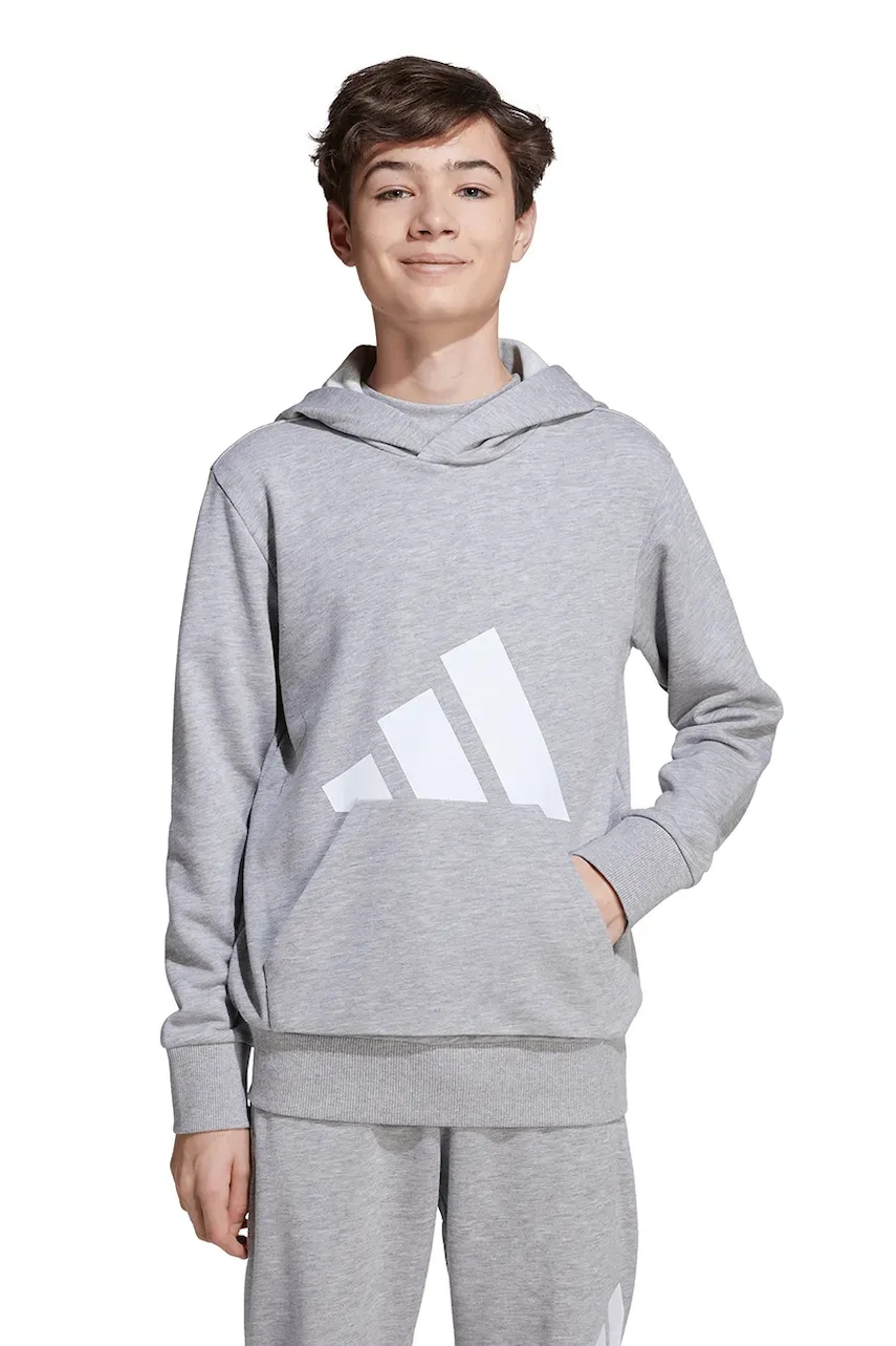 adidas bluză copii culoarea gri, cu glugă, cu imprimeu, JV9900