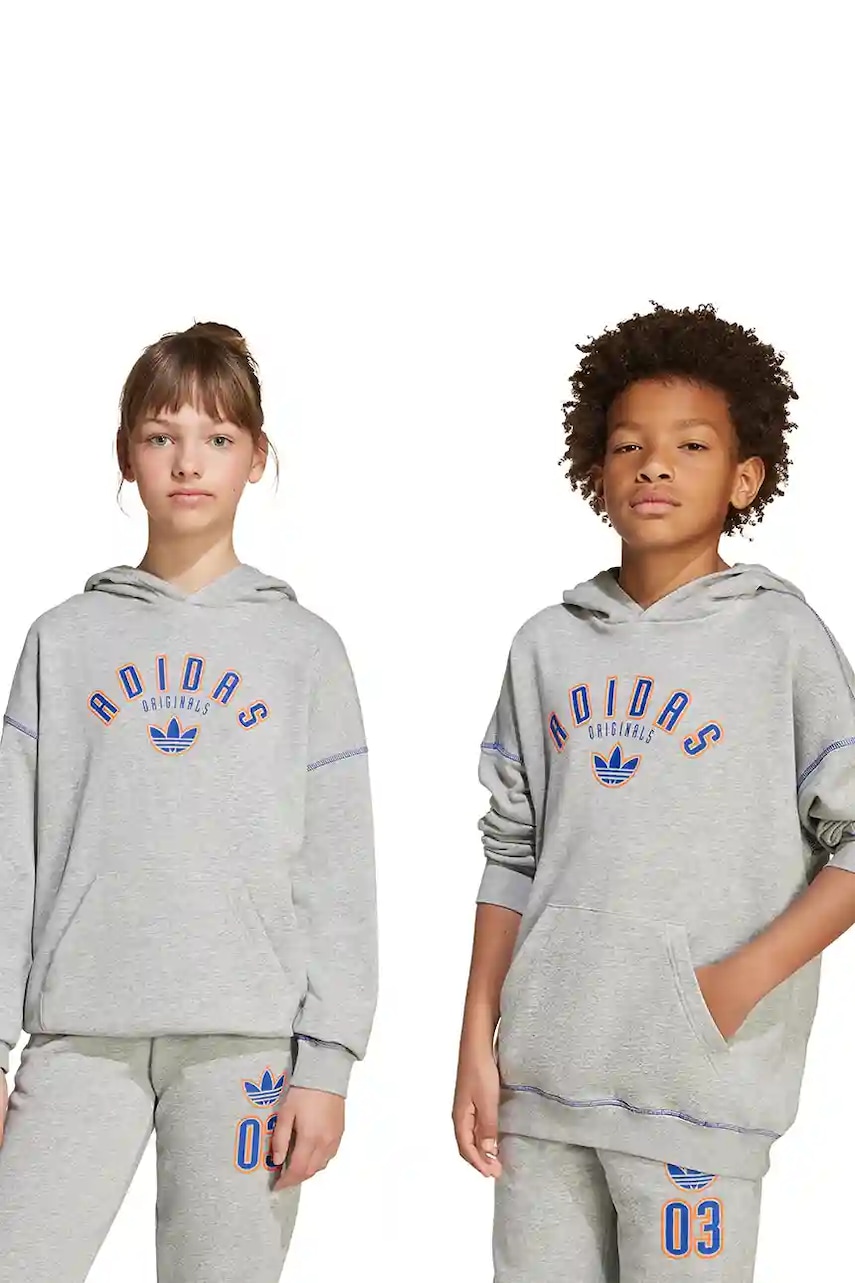 adidas Originals bluză copii culoarea gri, cu glugă, cu imprimeu, JX5266