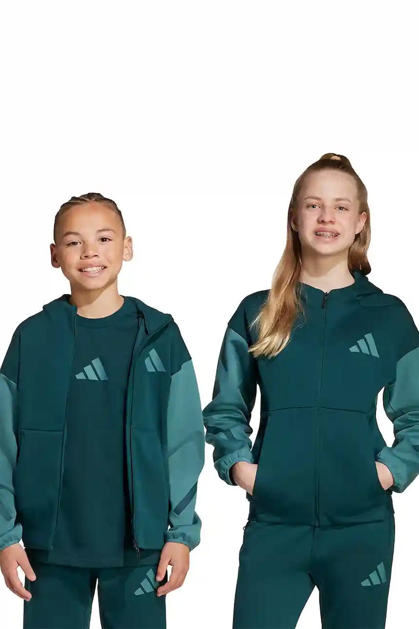 Levně Dětská mikina adidas zelená barva, s kapucí, vzorovaná, JX9929