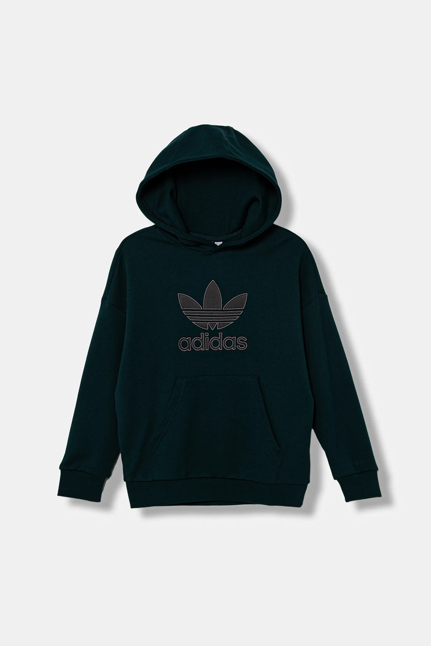 Детская хлопковая кофта adidas Originals цвет зелёный с капюшоном с аппликацией JV8640 Детская хлопковая кофта adidas Originals цвет зелёный с капюшоном с аппликацией JV8640