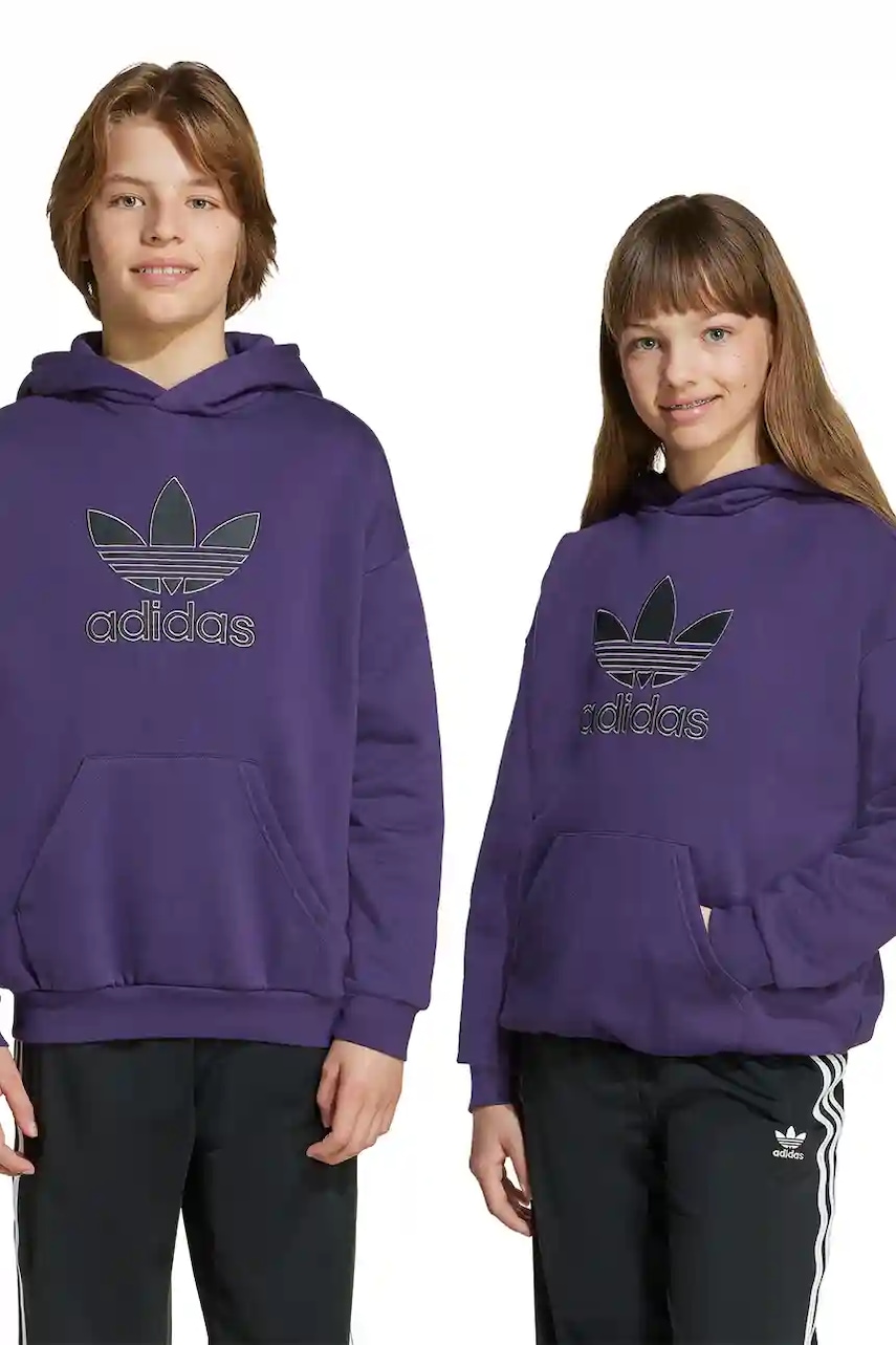 adidas Originals bluză copii culoarea violet, cu glugă, cu imprimeu, JV8653