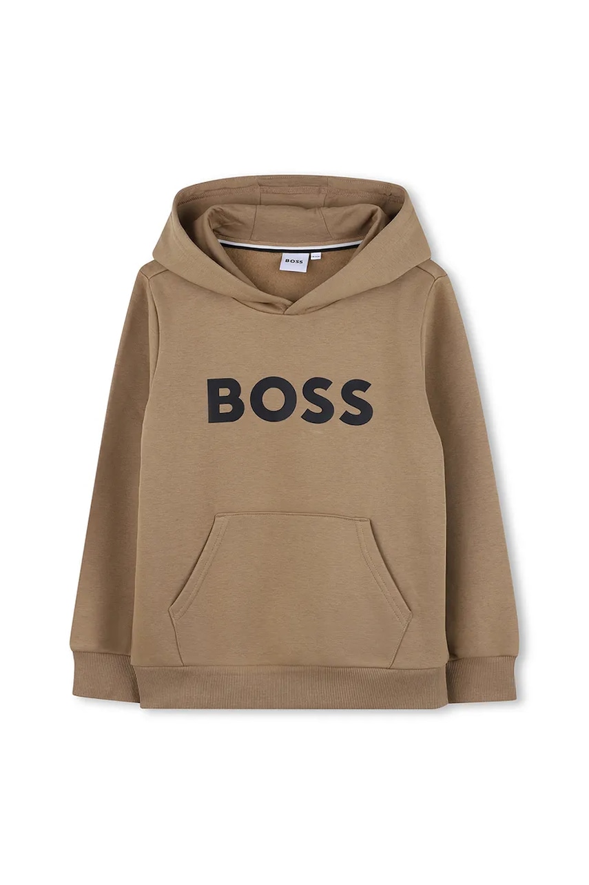 BOSS bluză copii culoarea maro, cu glugă, cu imprimeu, J52351