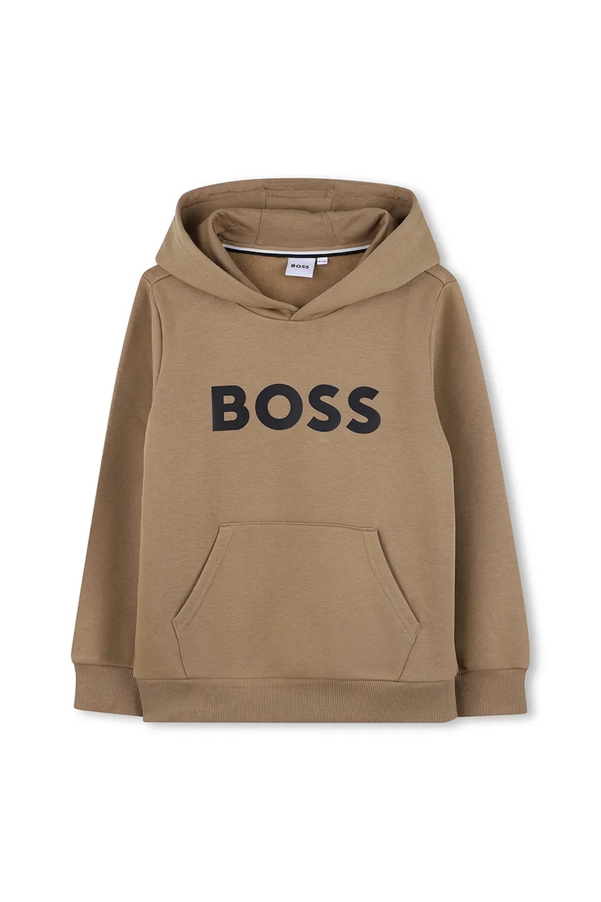 Levně Dětská mikina BOSS hnědá barva, s kapucí, s potiskem, J52351