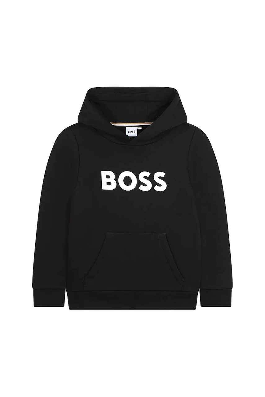 BOSS bluză copii culoarea negru, cu glugă, cu imprimeu, J52351