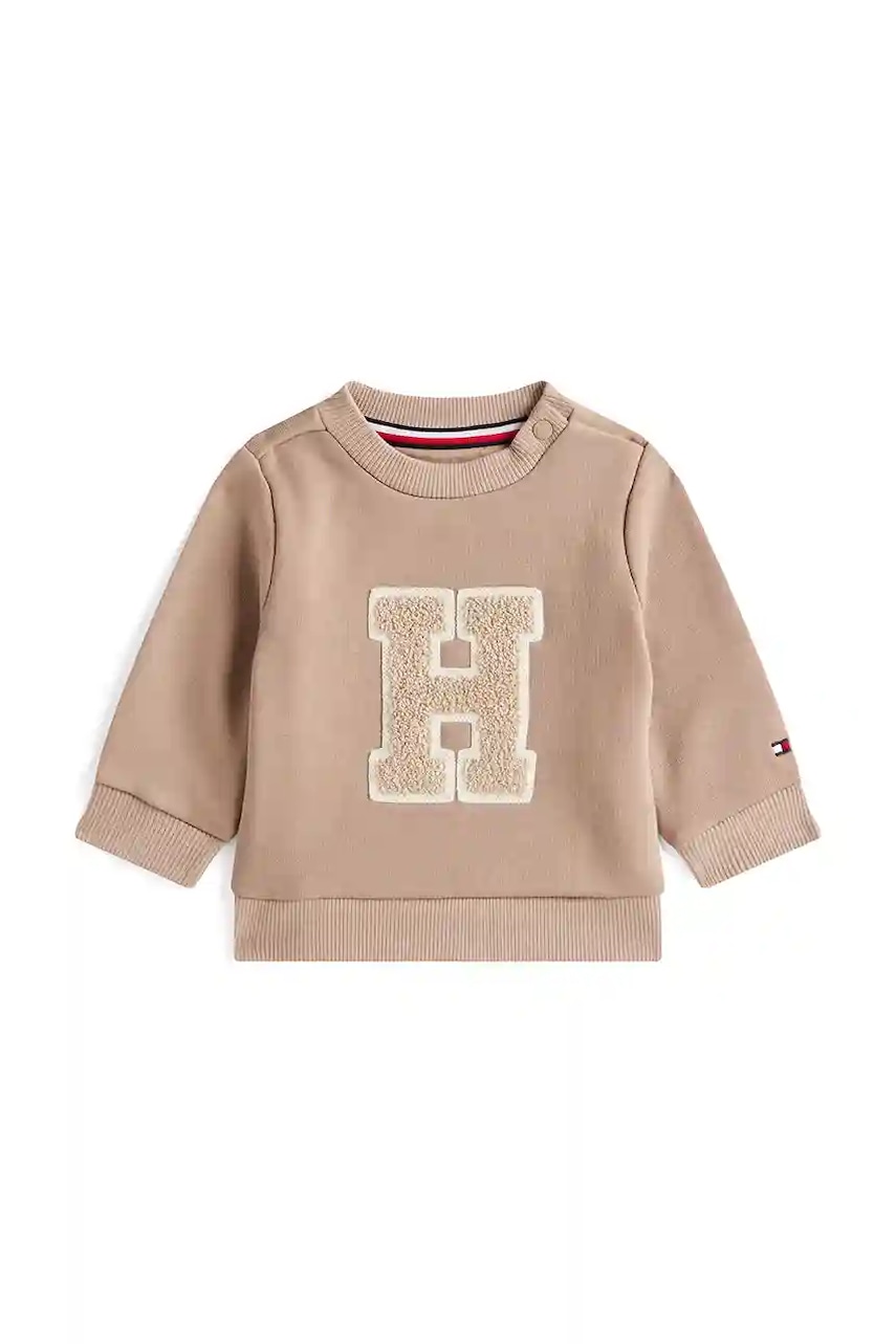 Levně Kojenecká mikina s bavlnou Tommy Hilfiger hnědá barva, s aplikací, KN0KN02071