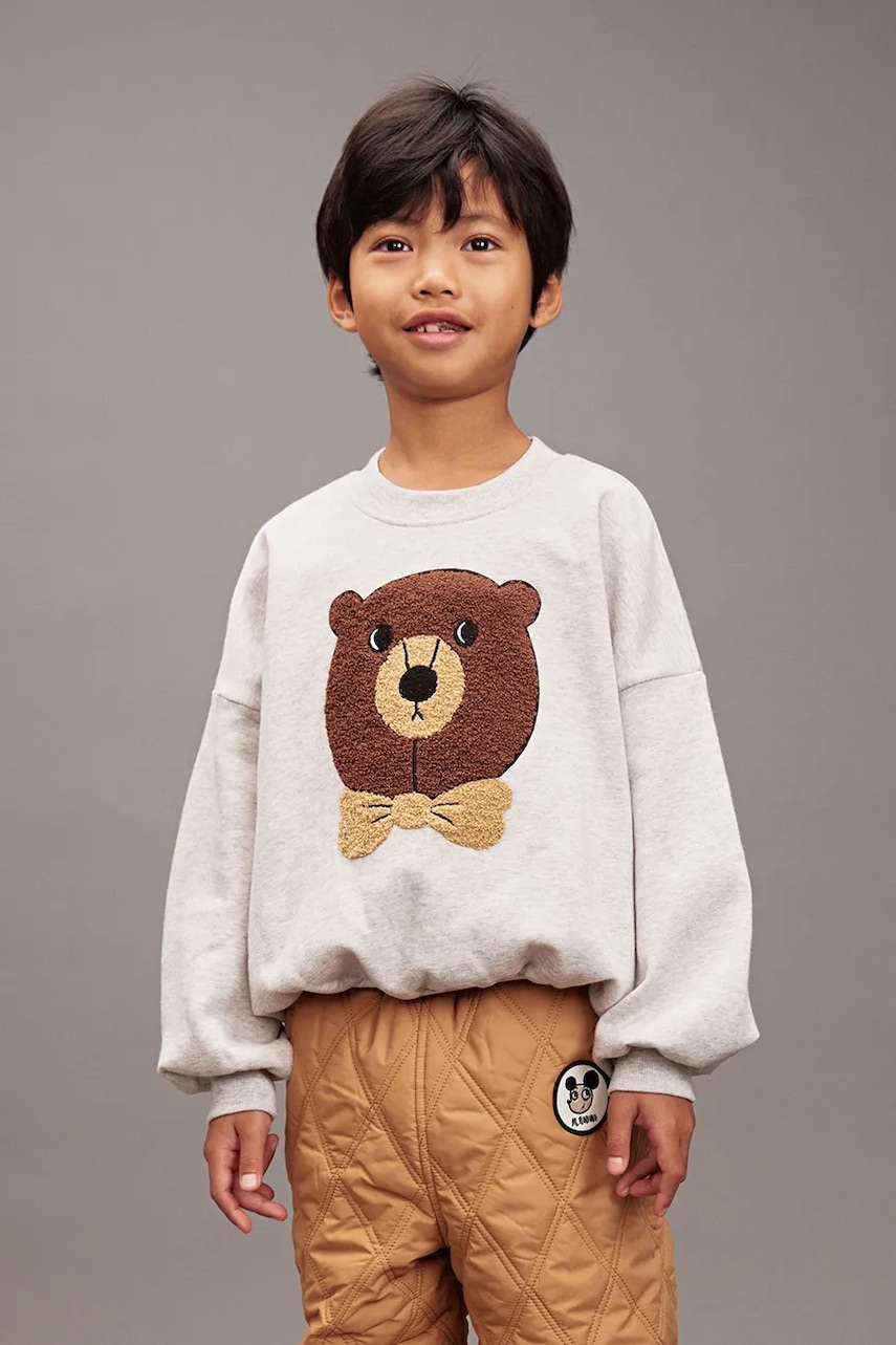 Mini Rodini hanorac de bumbac pentru copii Bear culoarea gri, cu imprimeu, 25720108