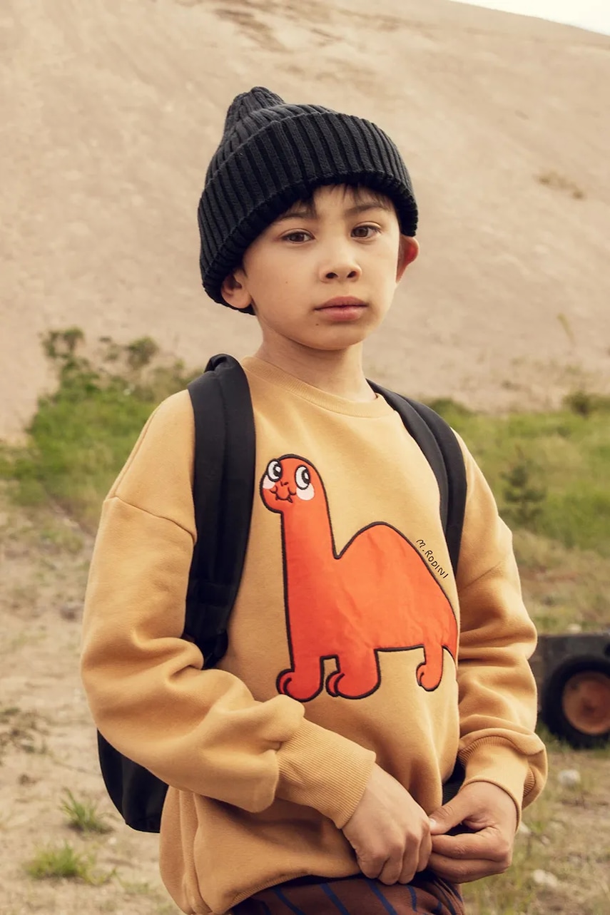 Mini Rodini hanorac de bumbac pentru copii Dino culoarea maro, cu imprimeu, 25720133