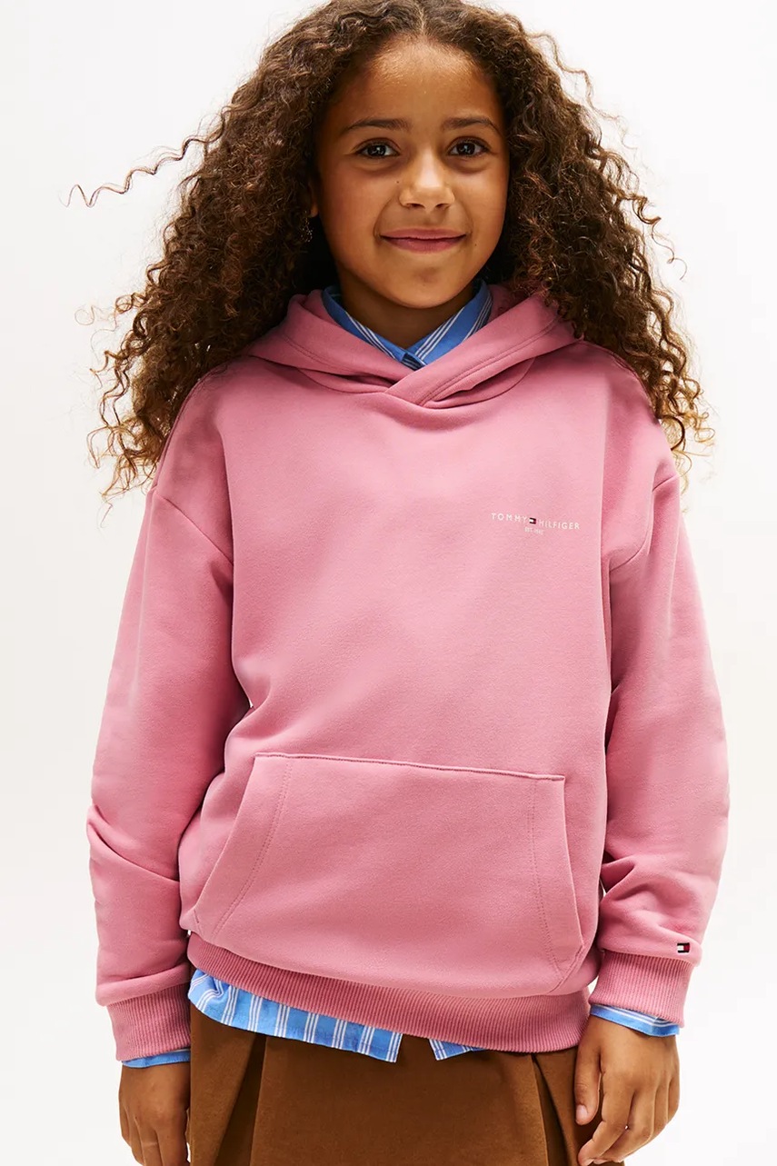 Levně Dětská mikina Tommy Hilfiger růžová barva, s kapucí, s potiskem, KS0KS00660