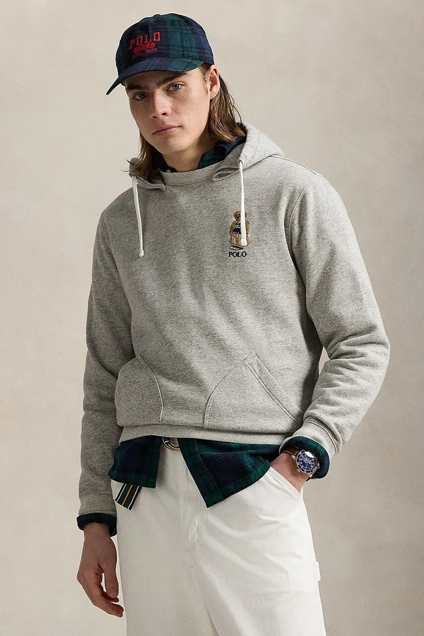 Levně Mikina Polo Ralph Lauren pánská, šedá barva, s kapucí, hladká, 710971780