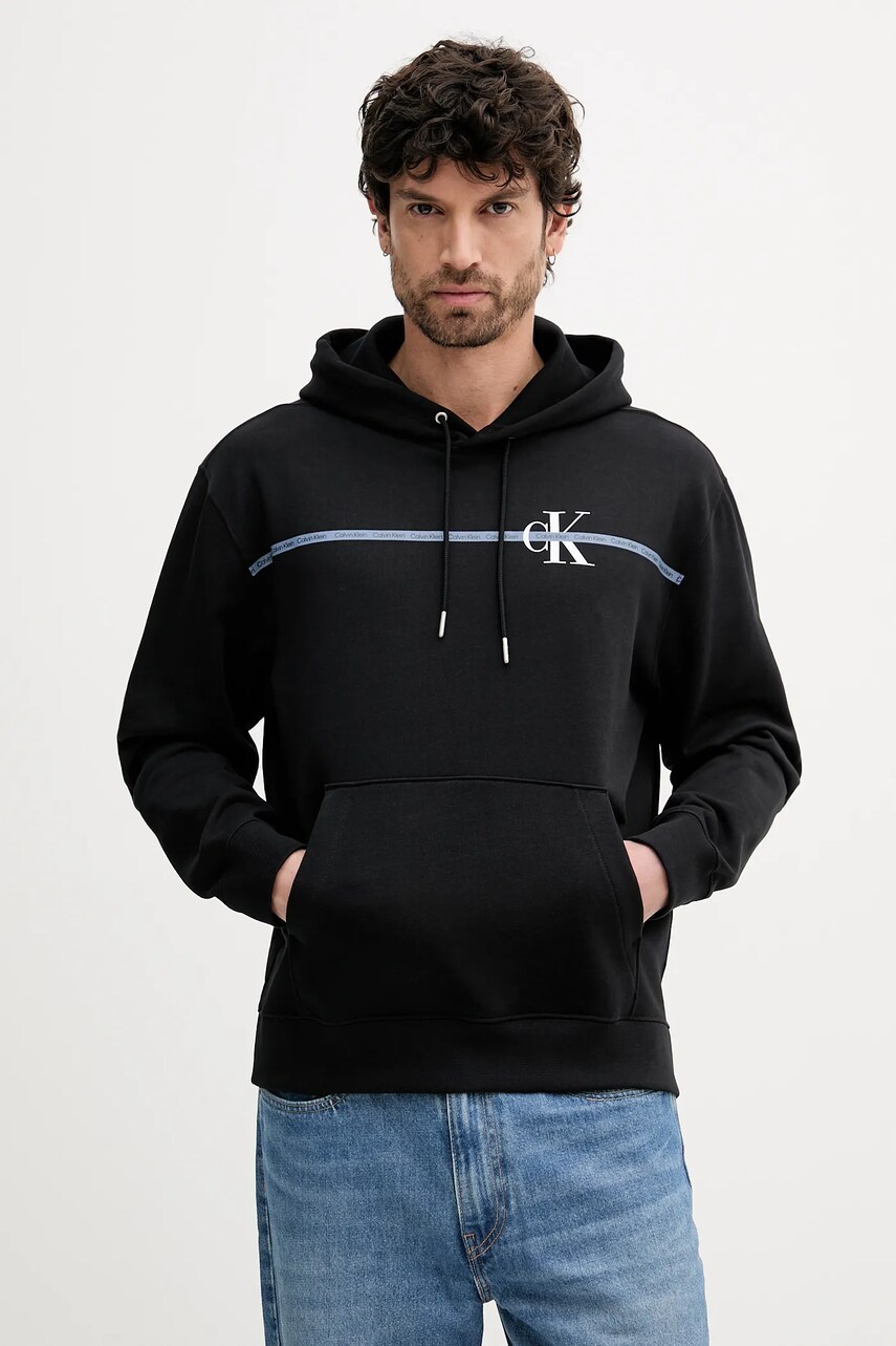 Levně Mikina Calvin Klein pánská, černá barva, s kapucí, s potiskem, LV04RC289G