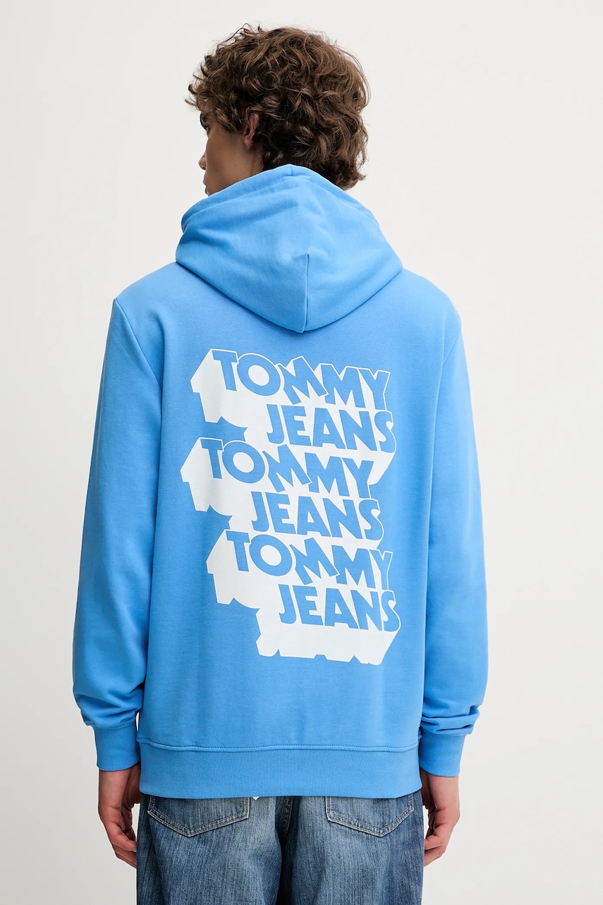 Levně Bavlněná mikina Tommy Jeans pánská, modrá barva, s kapucí, s potiskem, DM0DM21625