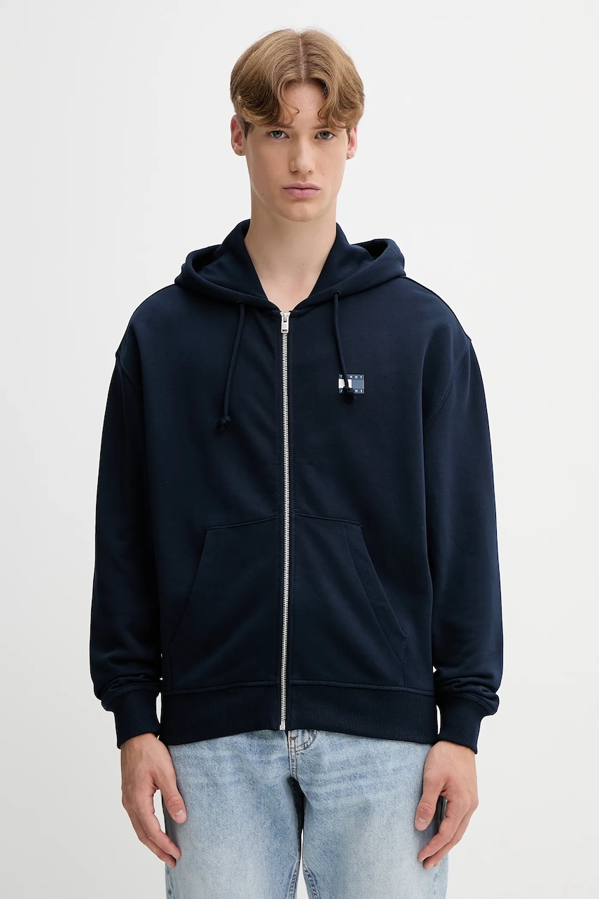 Tommy Jeans hanorac de bumbac culoarea bleumarin, cu glugă, cu imprimeu, DM0DM21626