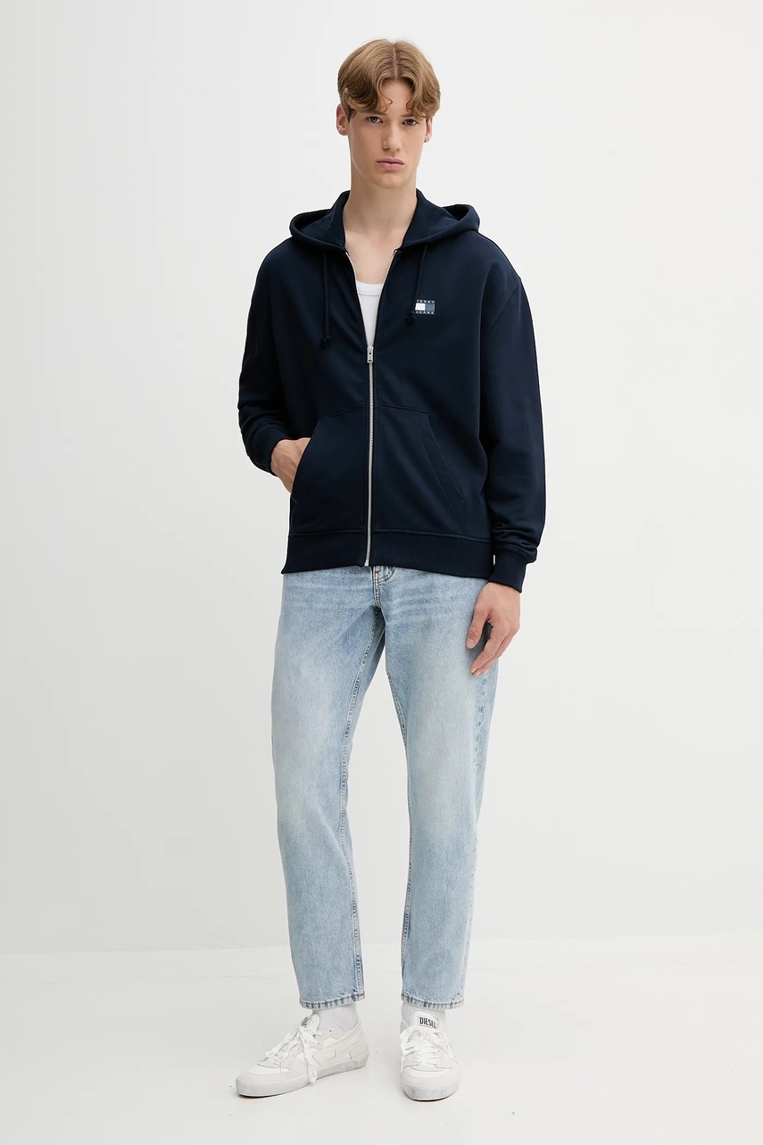 Хлопковая кофта Tommy Jeans цвет синий с капюшоном узор DM0DM21626