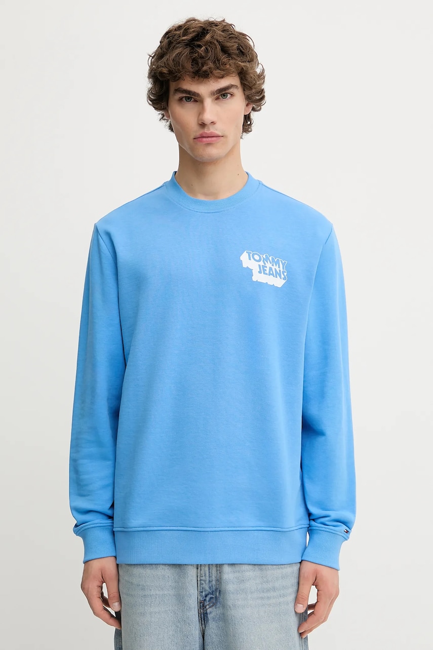 Levně Bavlněná mikina Tommy Jeans pánská, modrá barva, s potiskem, DM0DM21640