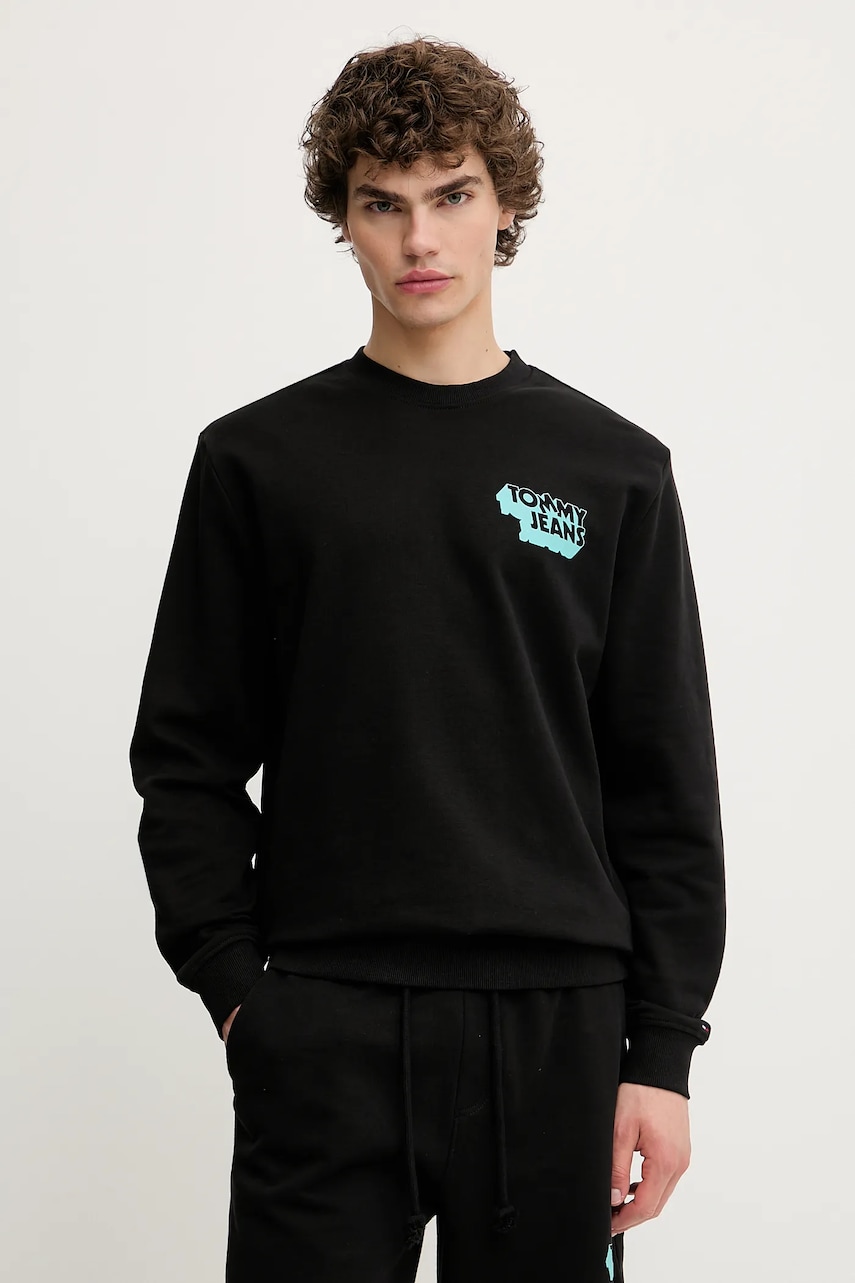 Levně Bavlněná mikina Tommy Jeans pánská, černá barva, s potiskem, DM0DM21640