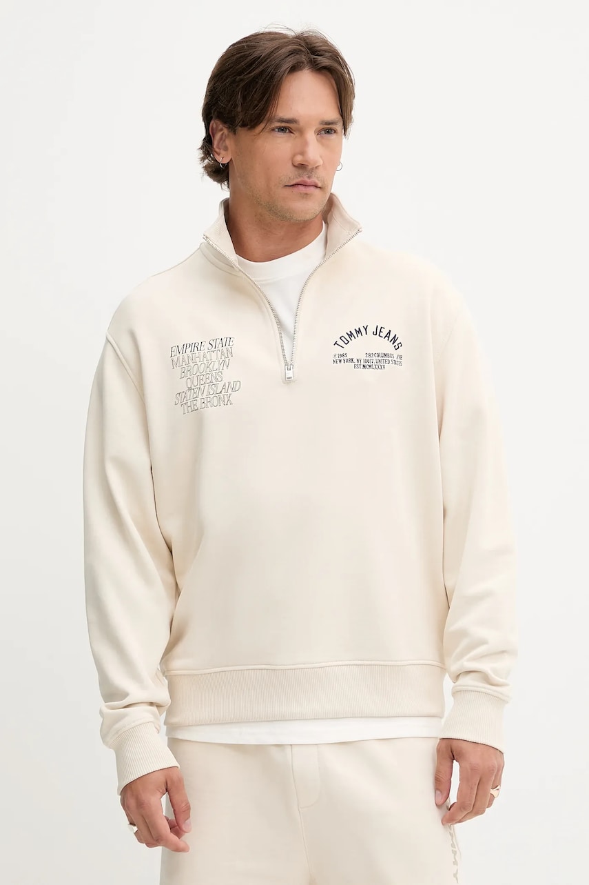 Tommy Jeans hanorac de bumbac culoarea bej, cu imprimeu, DM0DM21797