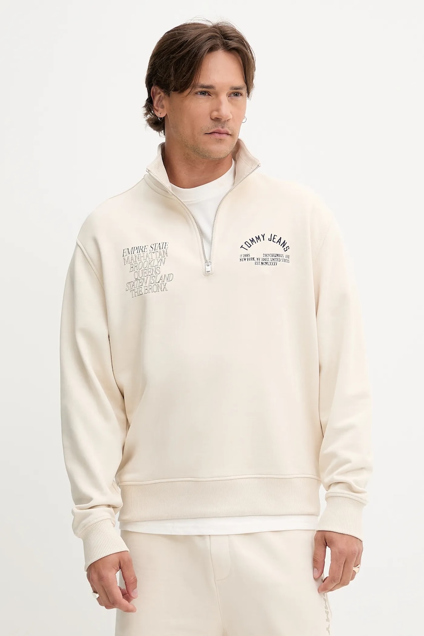 Tommy Jeans hanorac de bumbac culoarea bej, cu imprimeu, DM0DM21797