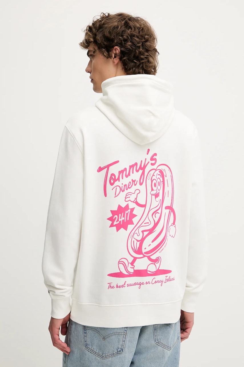 Levně Bavlněná mikina Tommy Jeans pánská, bílá barva, s kapucí, s potiskem, DM0DM21798