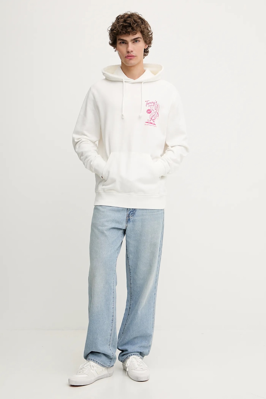 Хлопковая кофта Tommy Jeans цвет белый с капюшоном с принтом DM0DM21798 Хлопковая кофта Tommy Jeans цвет белый с капюшоном с принтом DM0DM21798