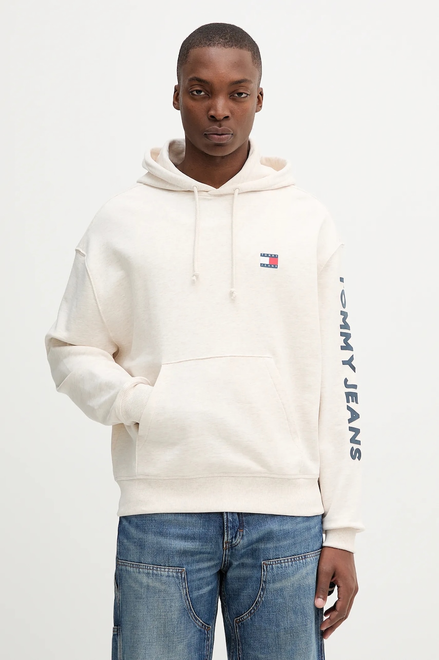 Tommy Jeans hanorac de bumbac culoarea bej, cu glugă, cu imprimeu, DM0DM21834