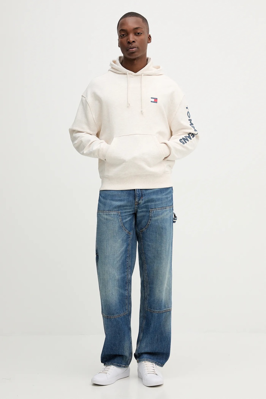 Хлопковая кофта Tommy Jeans цвет бежевый с капюшоном с принтом DM0DM21834