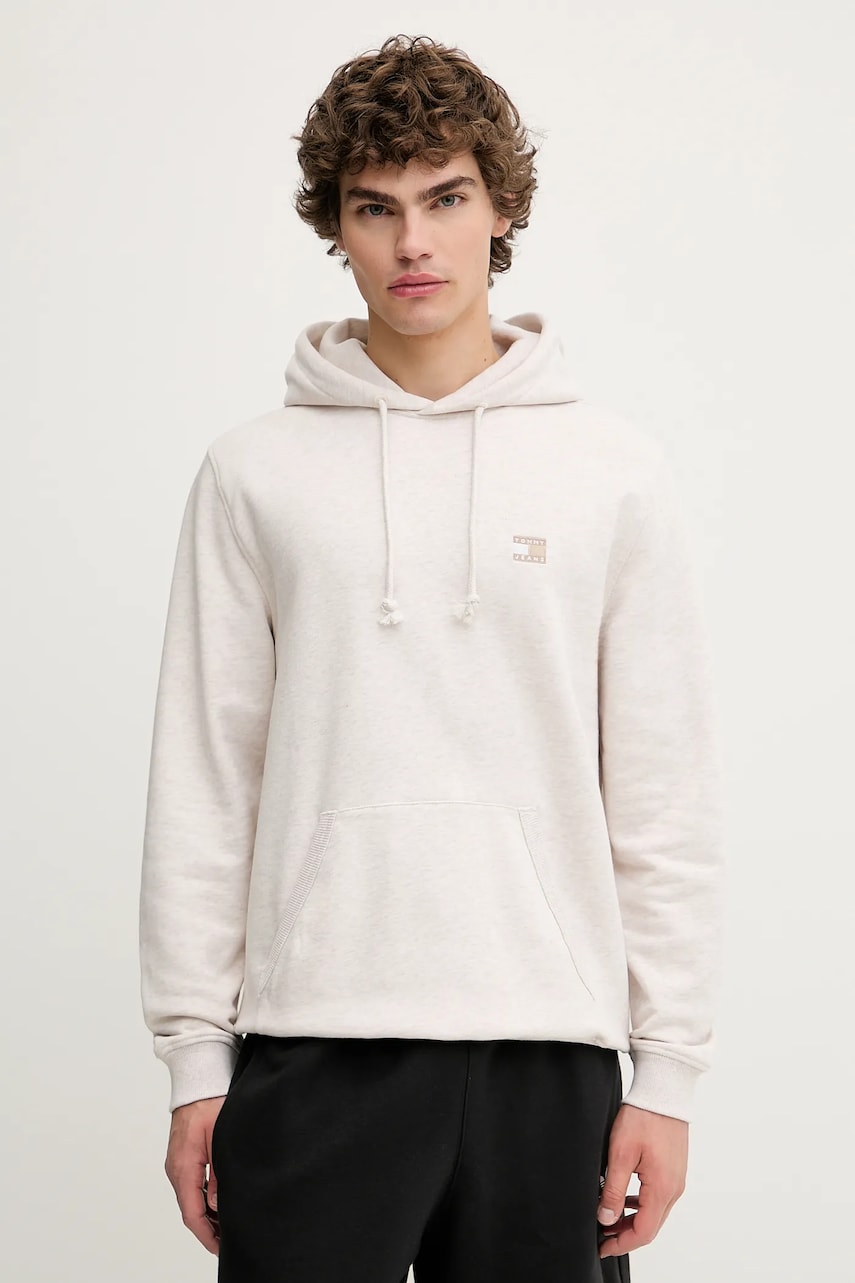 Tommy Jeans hanorac de bumbac culoarea bej, cu glugă, melanj, DM0DM21922