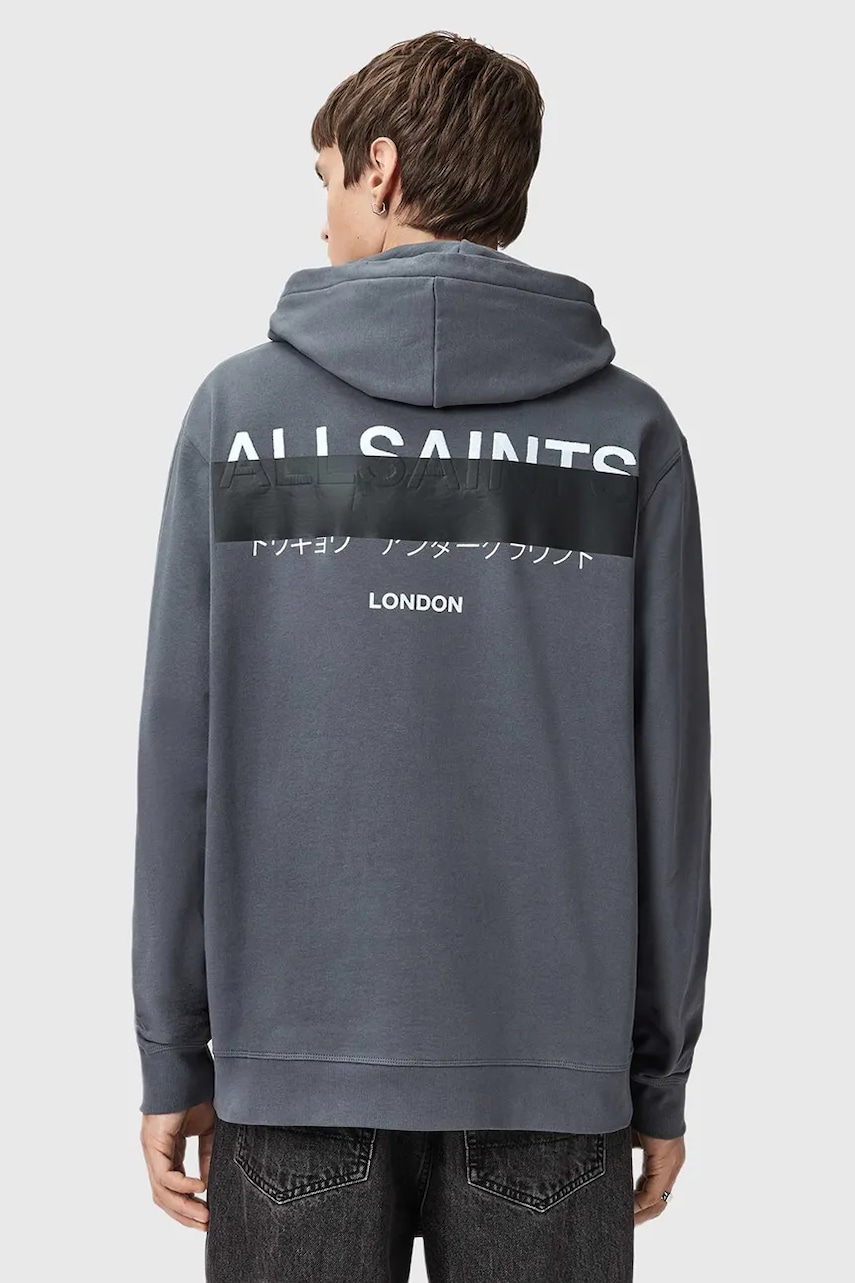 AllSaints hanorac de bumbac REDACT culoarea negru, cu glugă, cu imprimeu, M001NC