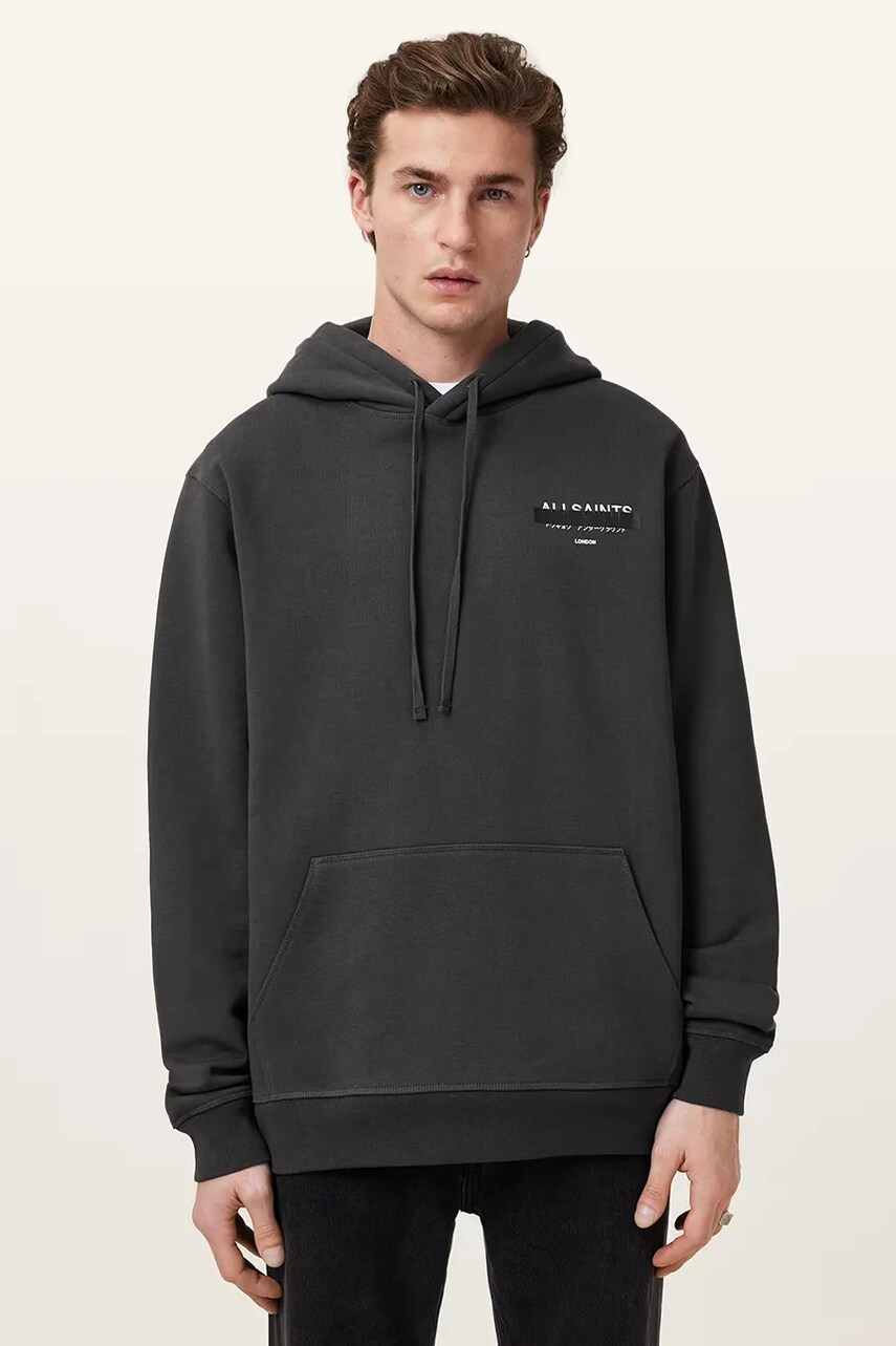 AllSaints hanorac din bumbac REDACT culoarea negru, cu glugă, cu imprimeu, M001NC
