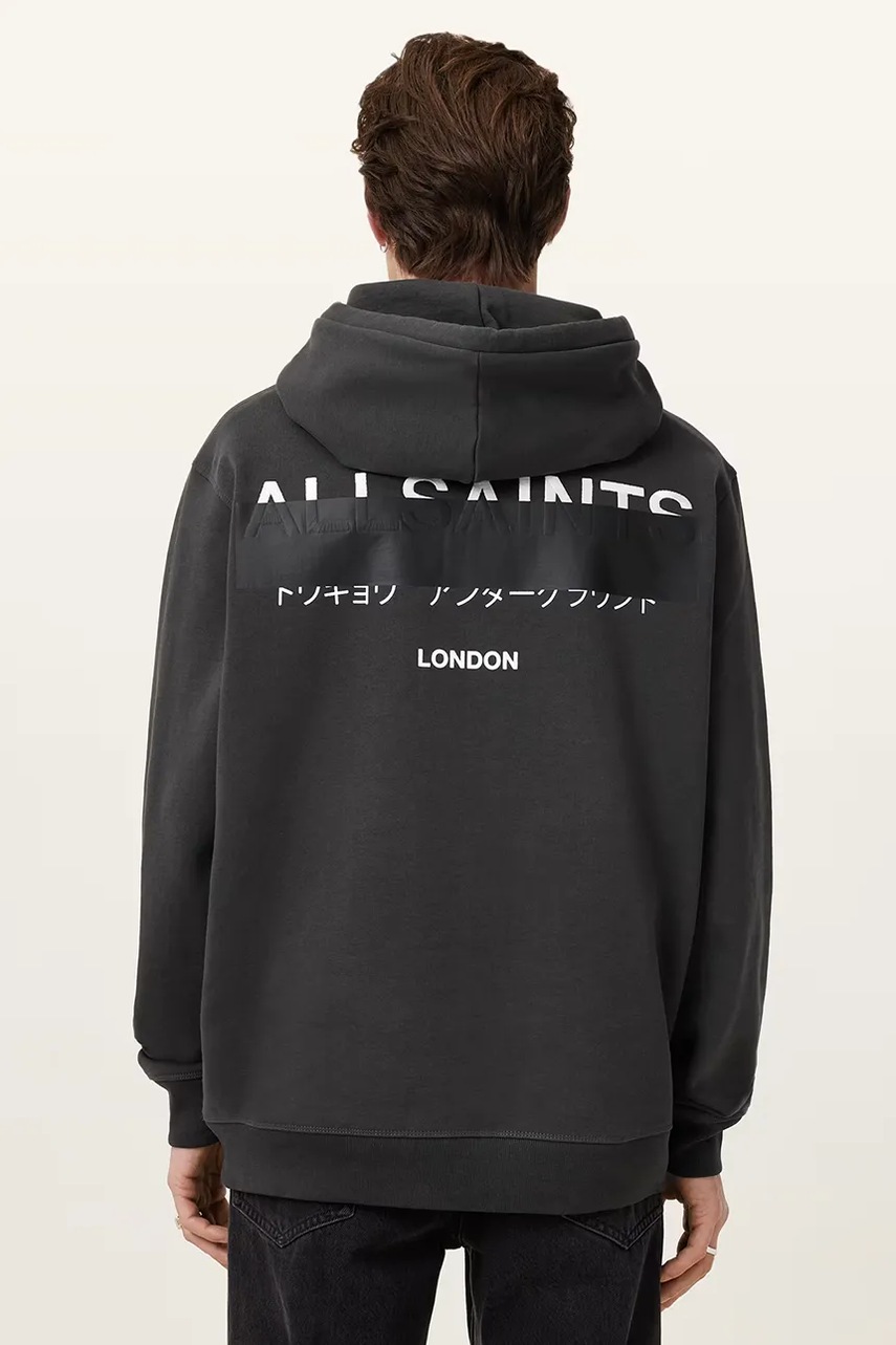 Хлопковая кофта AllSaints REDACT цвет чёрный с капюшоном с принтом M001NC