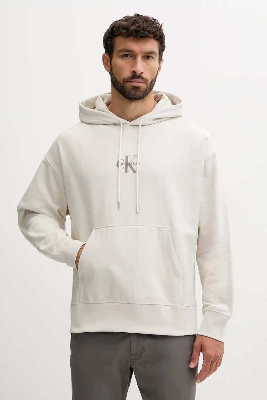Levně Mikina Calvin Klein Jeans pánská, béžová barva, s kapucí, s potiskem, LV04RC281G